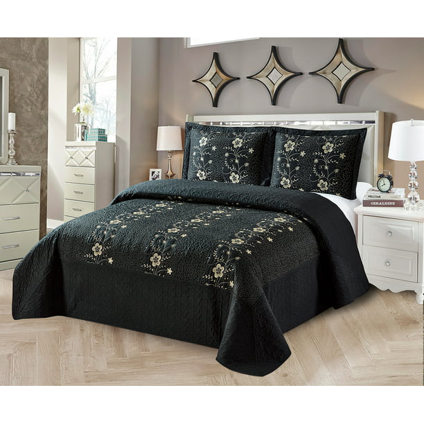 Details about  / Floral Black Comforter Rug Blanket Quilt King Size Bedding Set Pillowshams US